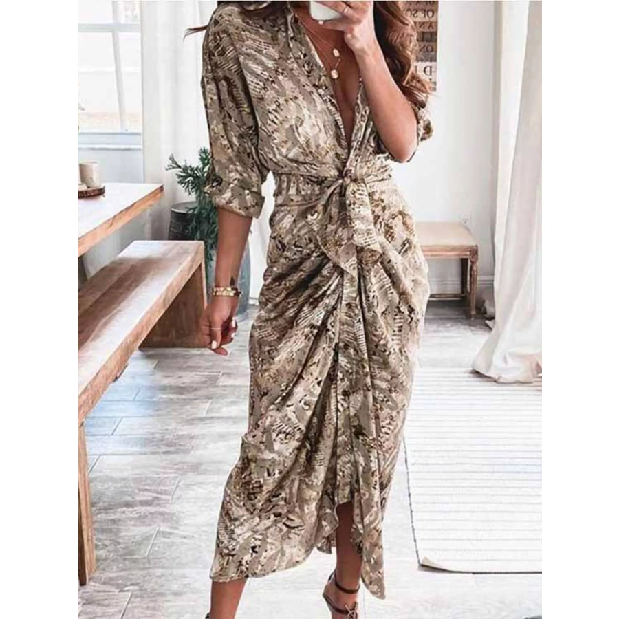 Tie-Waist Button-Down Midi Dress Camel / S Apparel and Accessories