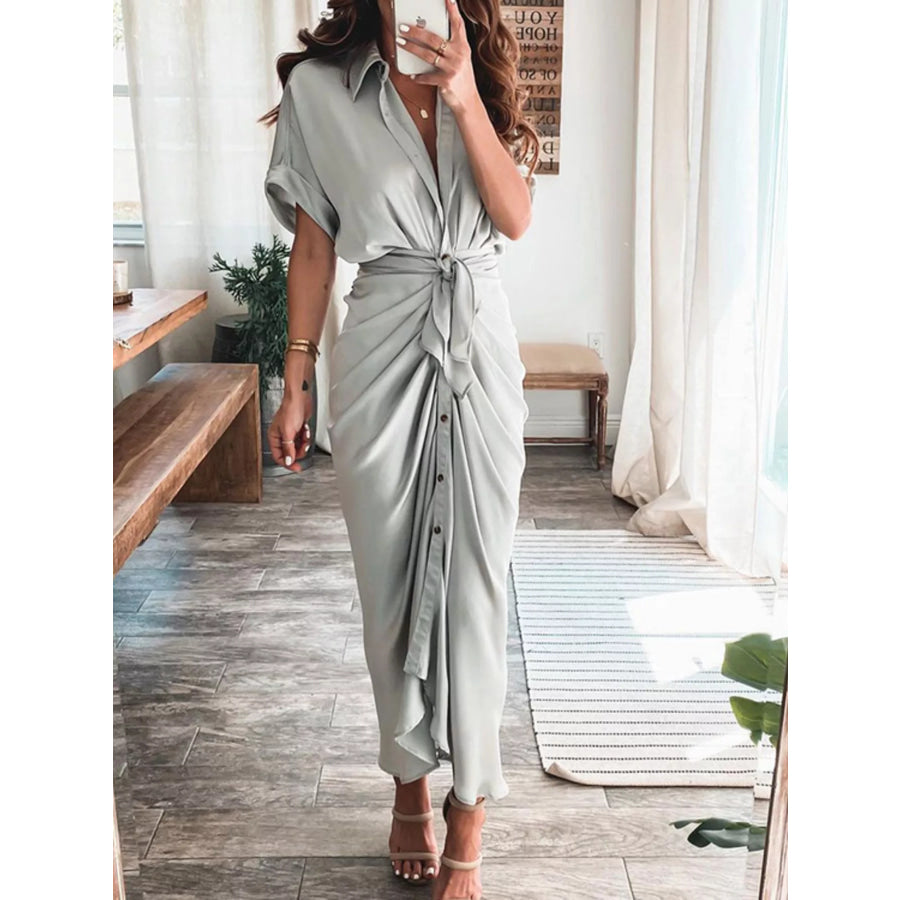 Tie-Waist Button-Down Midi Dress Light Gray / S Apparel and Accessories