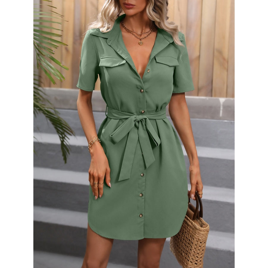 Tie-Waist Button Front Short Sleeve Shirt Dress