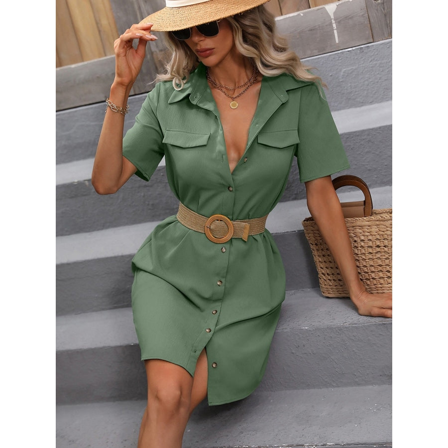 Tie-Waist Button Front Short Sleeve Shirt Dress