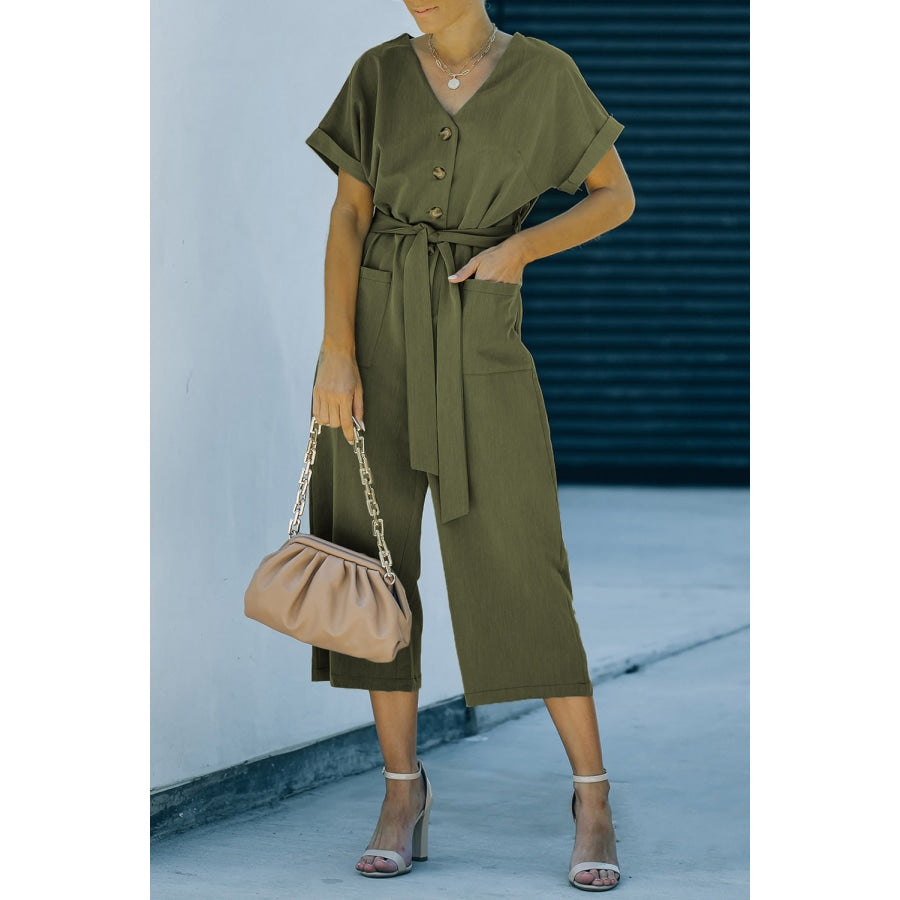 Tie-Waist Buttoned Cropped Jumpsuit Moss / S