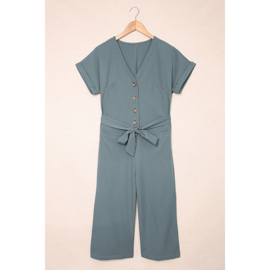 Tie-Waist Buttoned Cropped Jumpsuit