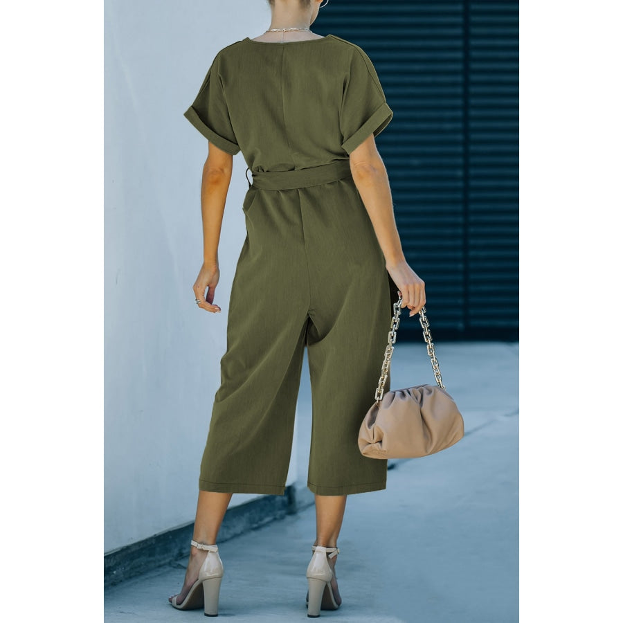 Tie-Waist Buttoned Cropped Jumpsuit