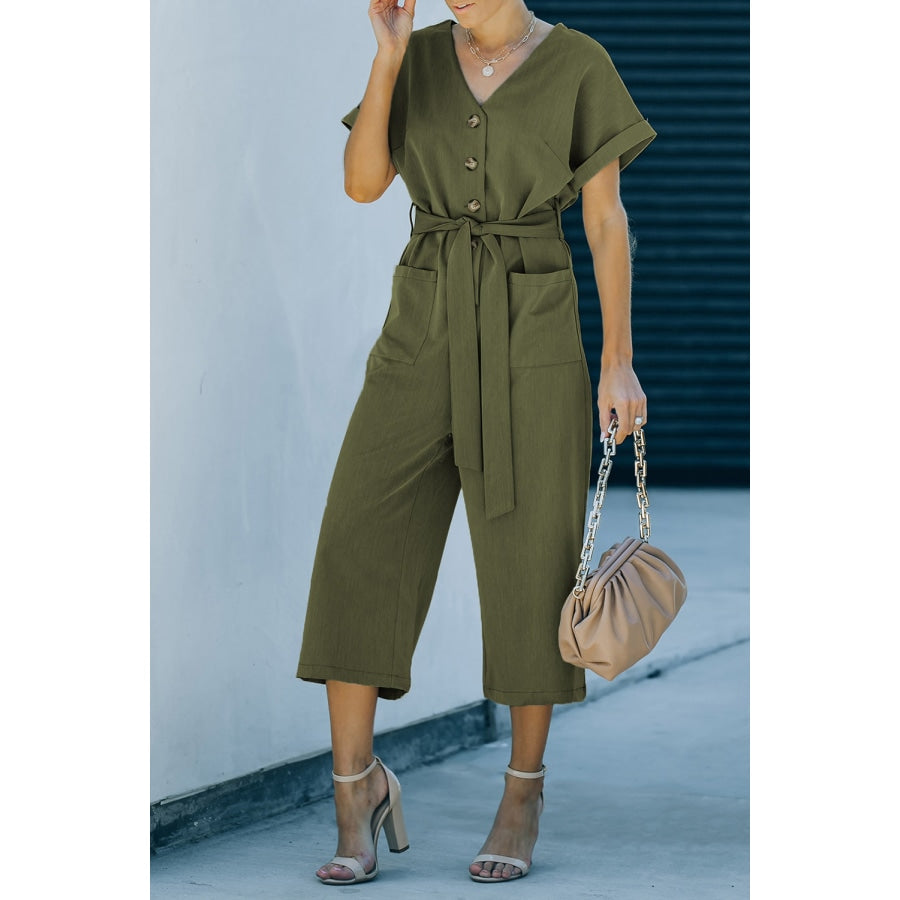 Tie-Waist Buttoned Cropped Jumpsuit