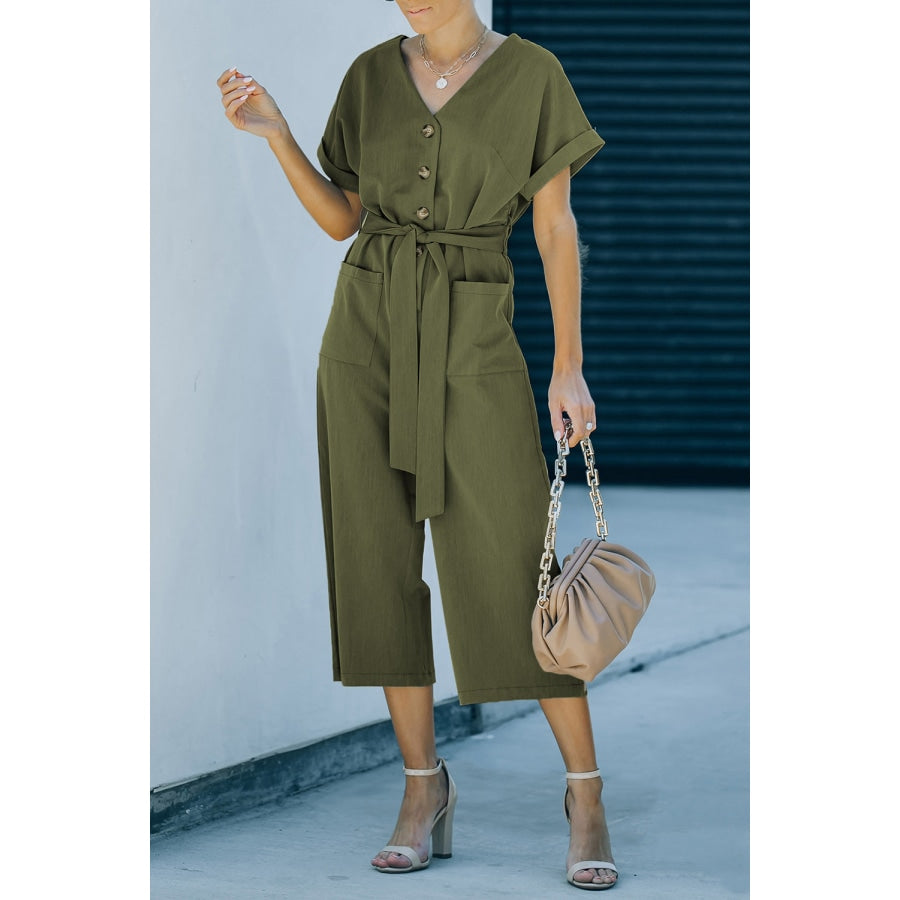 Tie-Waist Buttoned Cropped Jumpsuit