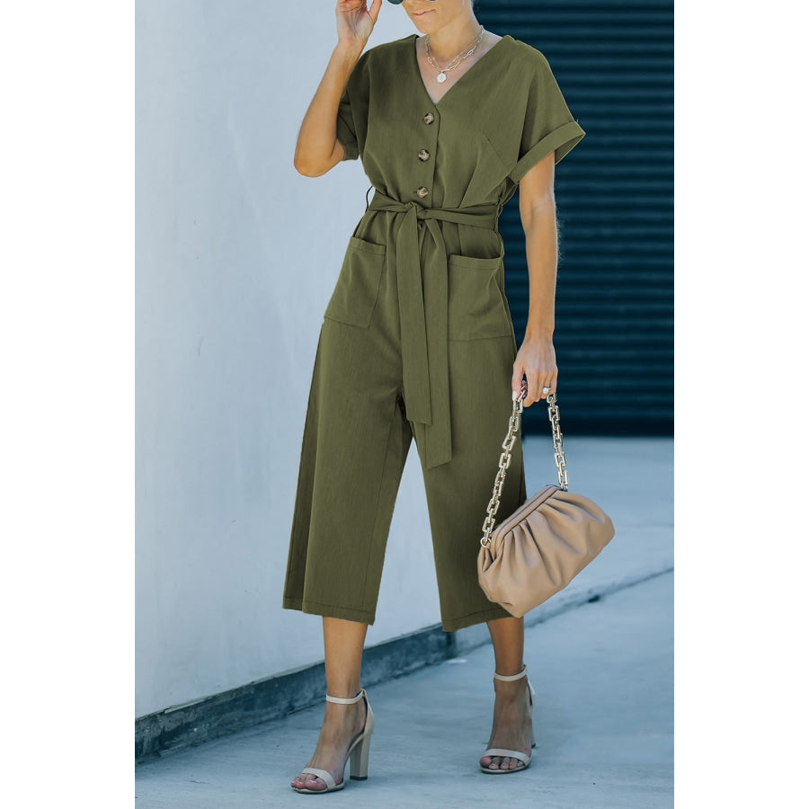 Tie-Waist Buttoned Cropped Jumpsuit