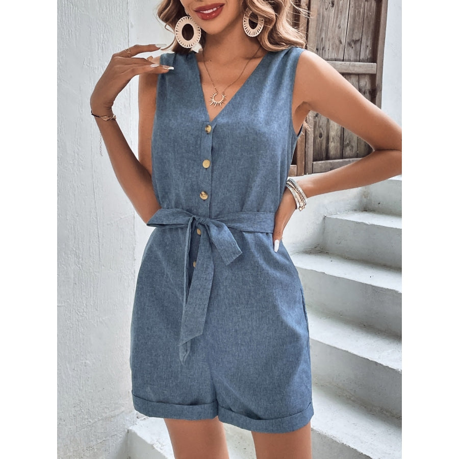 Tie-Waist Buttoned V-Neck Sleeveless Romper