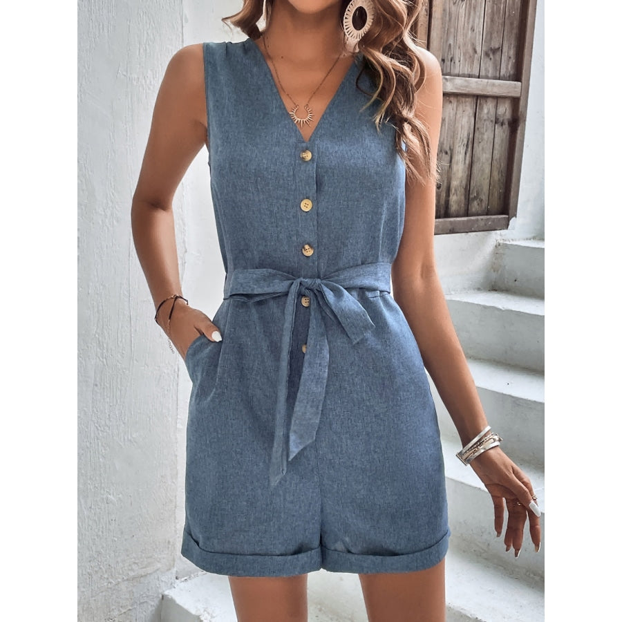 Tie-Waist Buttoned V-Neck Sleeveless Romper