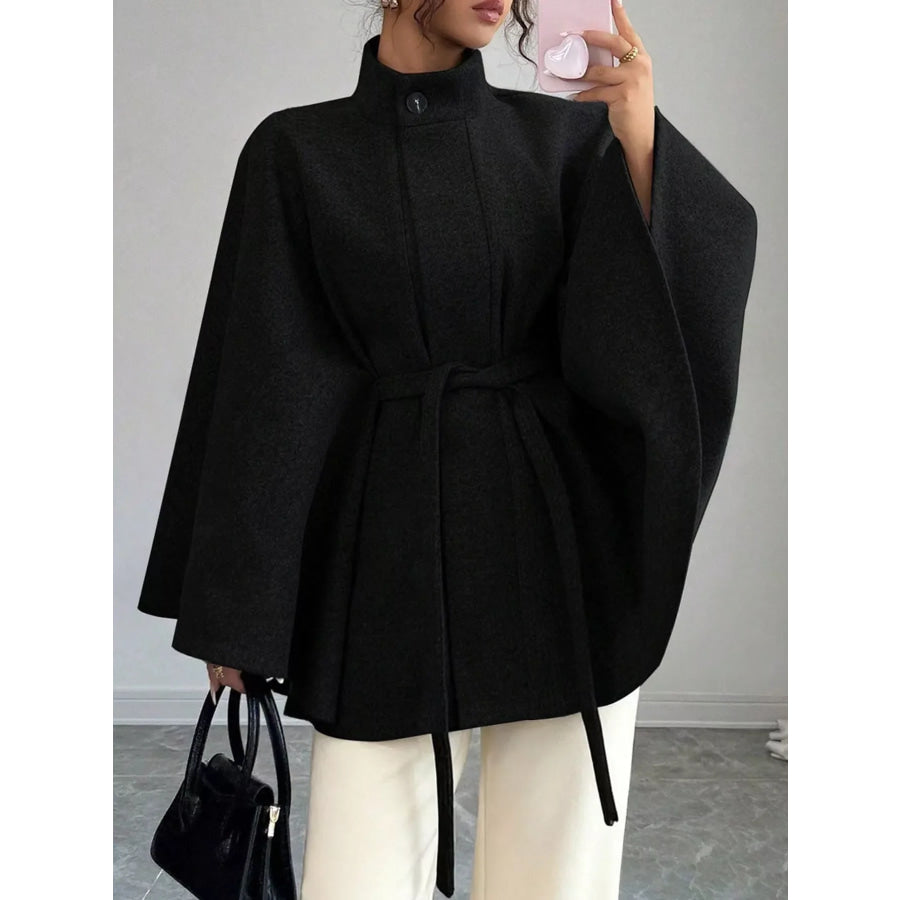Tie Waist Cape Outerwear Black-12694 / S Apparel and Accessories