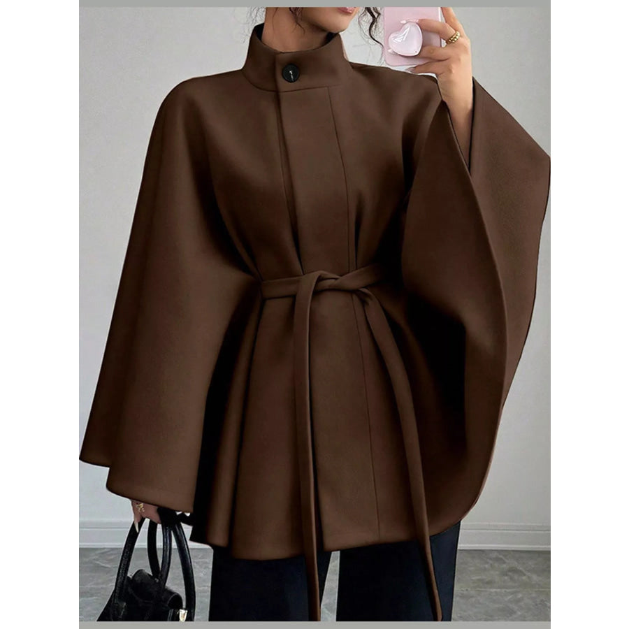 Tie Waist Cape Outerwear Chocolate Brown-12694 / S Apparel and Accessories