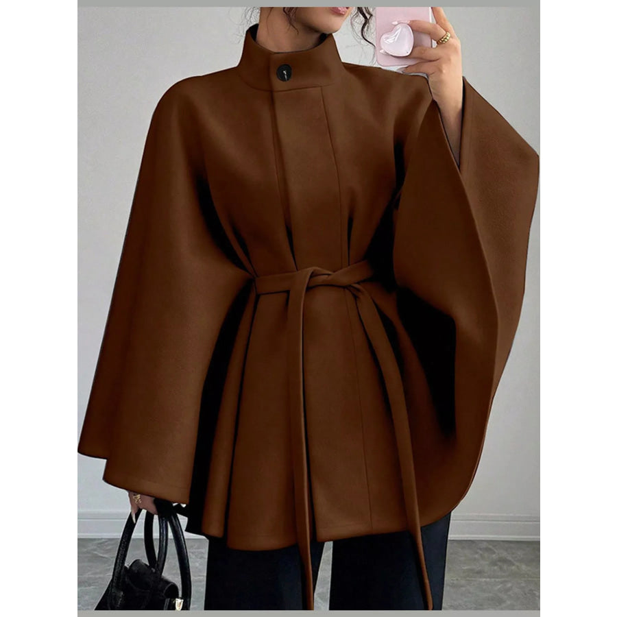 Tie Waist Cape Outerwear Coffee Brown-12694 / S Apparel and Accessories
