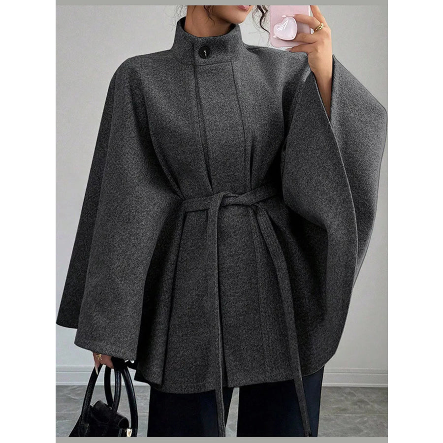 Tie Waist Cape Outerwear Dark Gray-12694 / S Apparel and Accessories