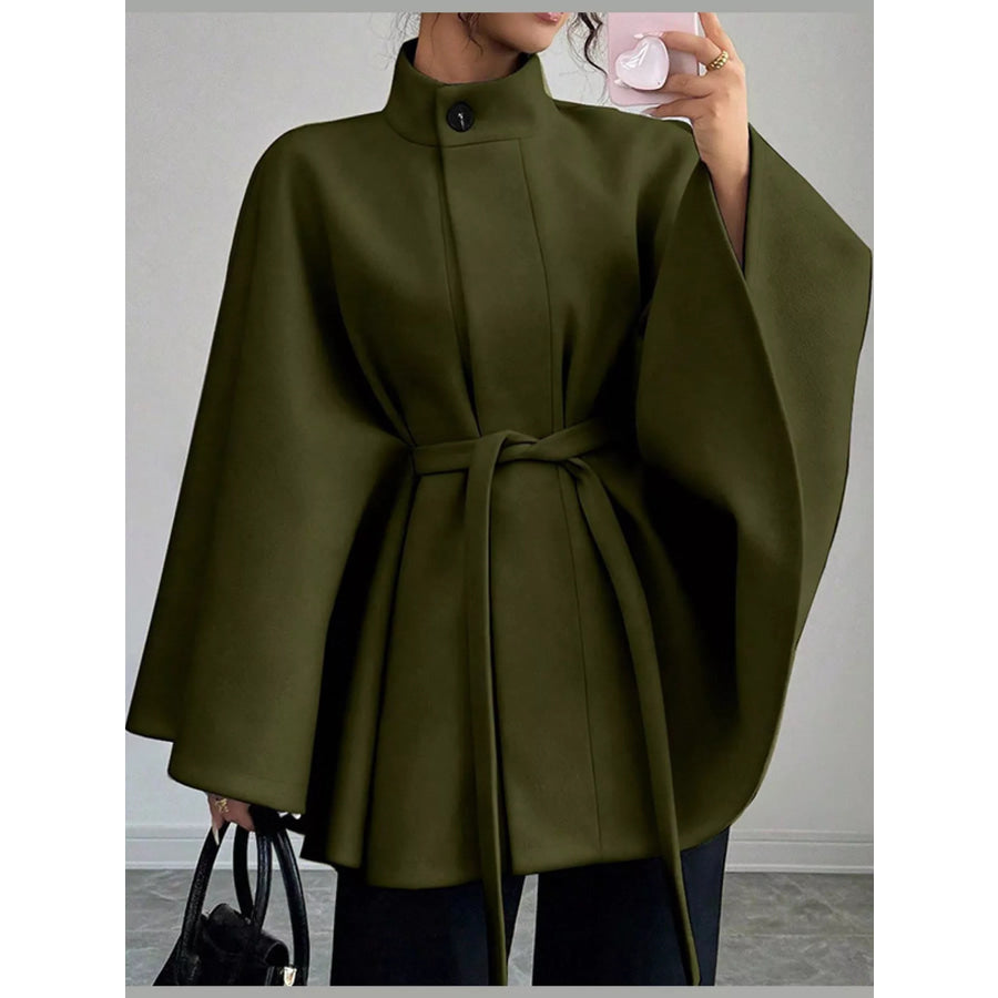Tie Waist Cape Outerwear Dark Green-12694 / S Apparel and Accessories