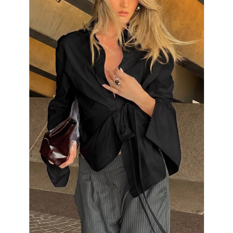 Tie-Waist Detail Wrap-Front Shirt Black / S Apparel and Accessories