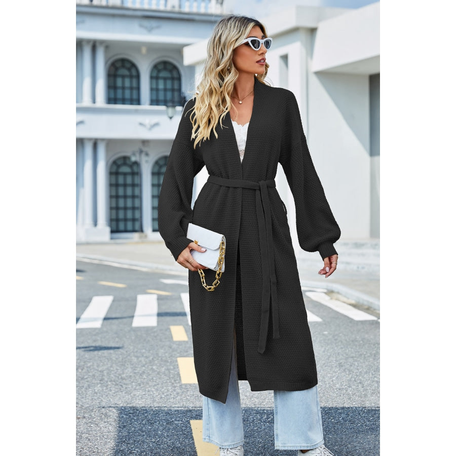 Tie Waist Dropped Shoulder Cardigan Black / S