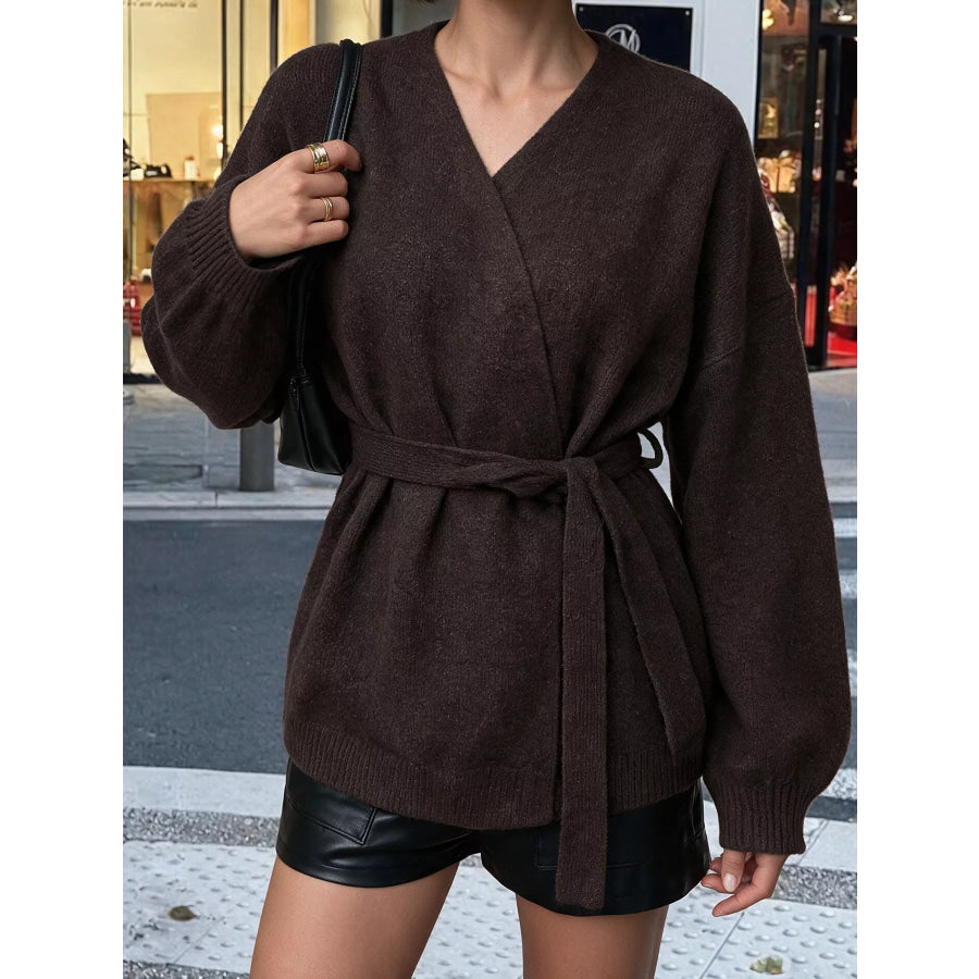 Tie Waist Dropped Shoulder Wrap Cardigan Apparel and Accessories