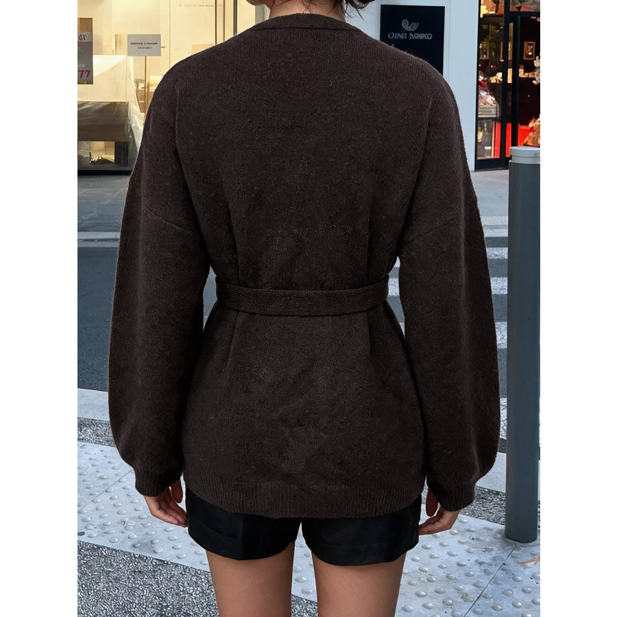 Tie Waist Dropped Shoulder Wrap Cardigan Apparel and Accessories