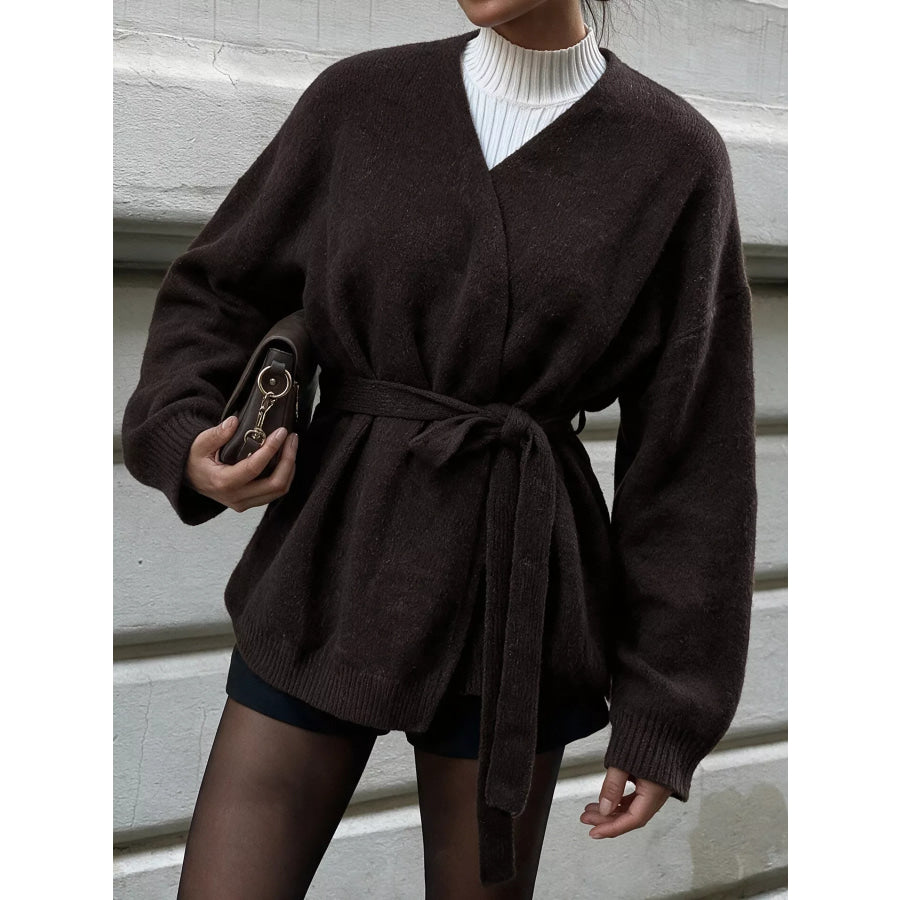 Tie Waist Dropped Shoulder Wrap Cardigan Apparel and Accessories