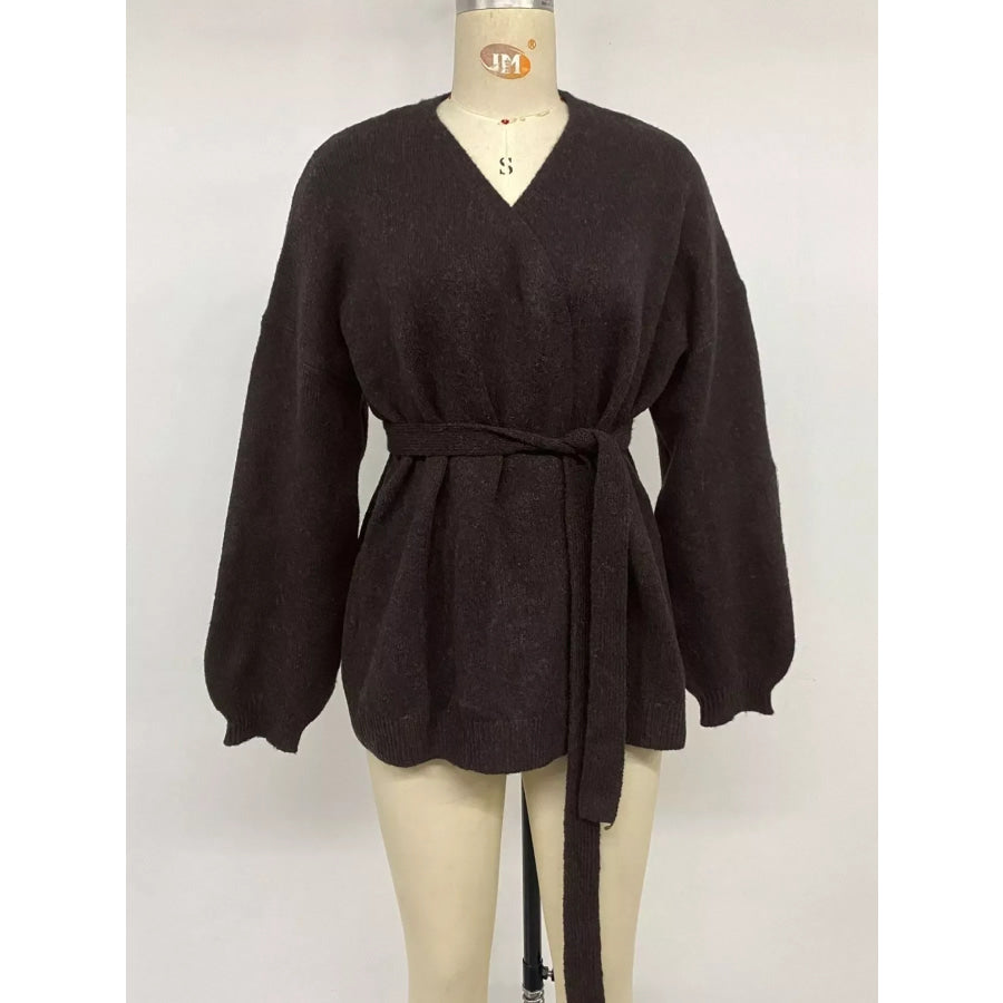 Tie Waist Dropped Shoulder Wrap Cardigan Apparel and Accessories