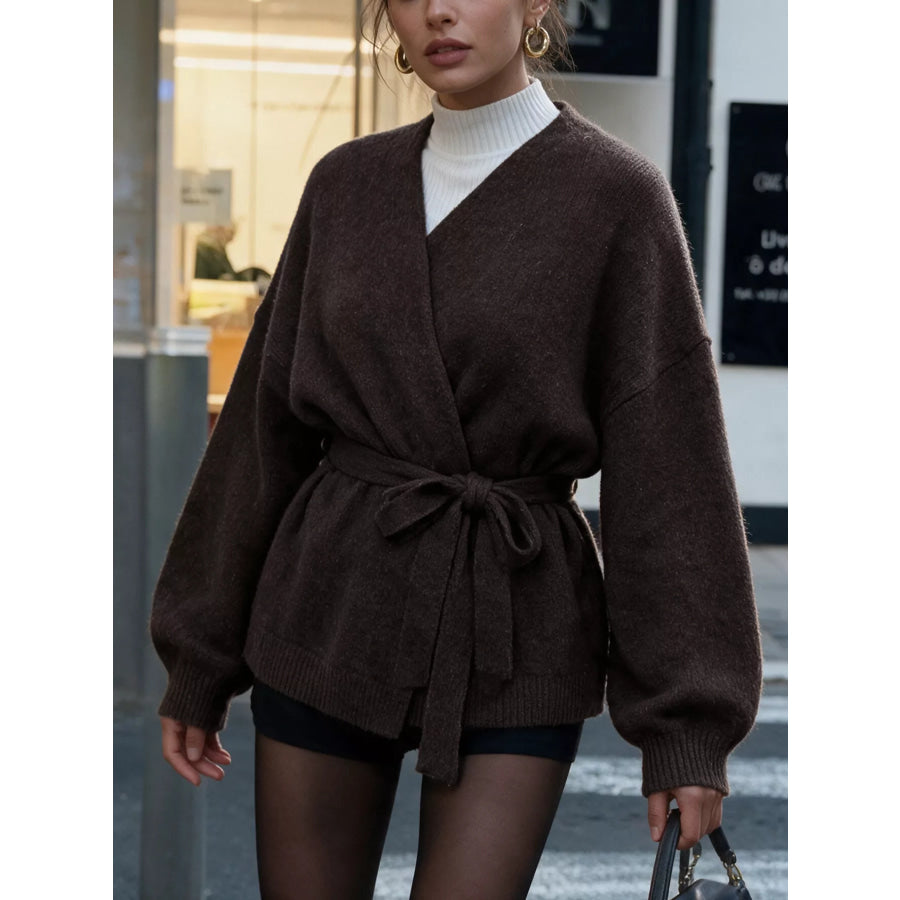 Tie Waist Dropped Shoulder Wrap Cardigan Apparel and Accessories