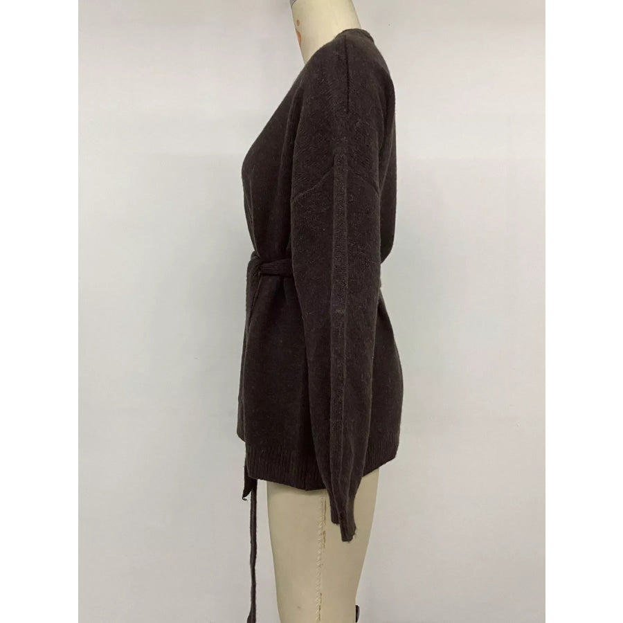Tie Waist Dropped Shoulder Wrap Cardigan Apparel and Accessories