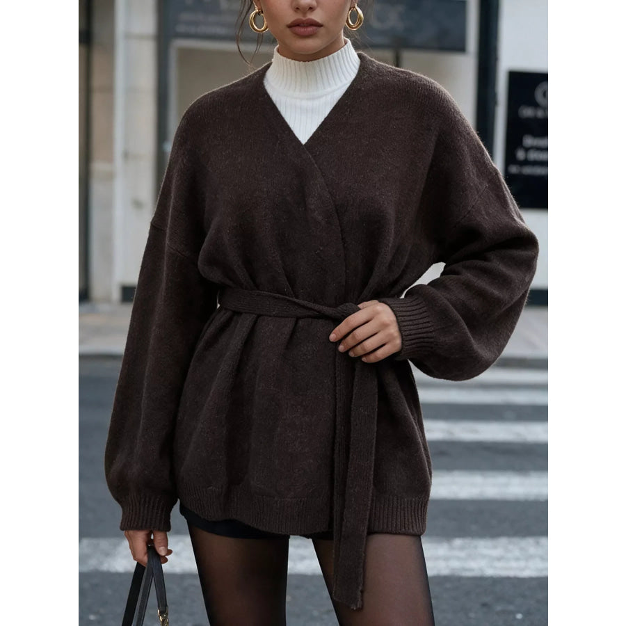 Tie Waist Dropped Shoulder Wrap Cardigan Chocolate / S Apparel and Accessories