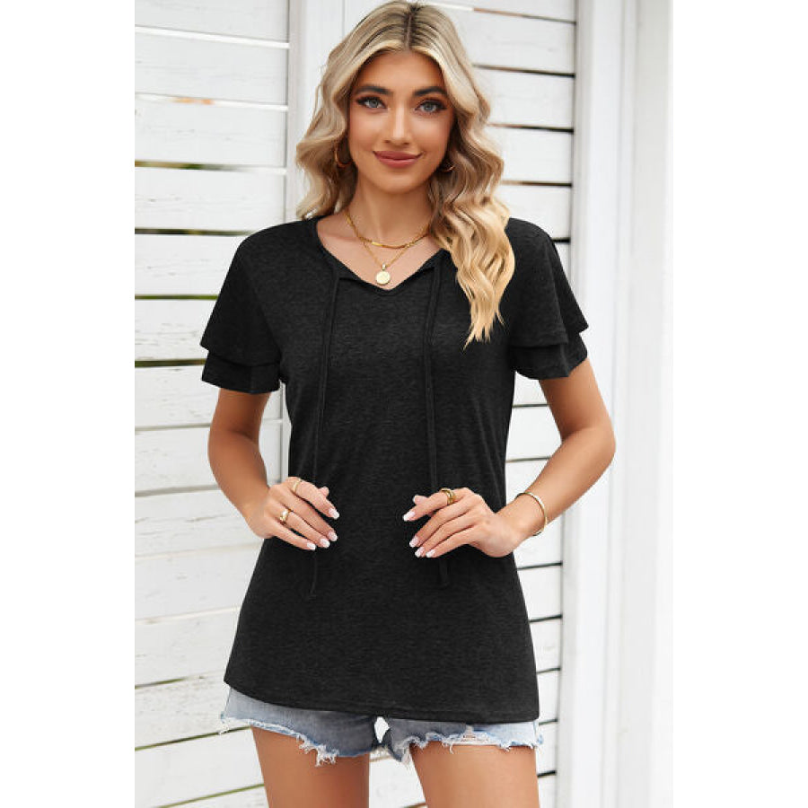 Tie Waist Flutter Sleeve Blouse Apparel and Accessories