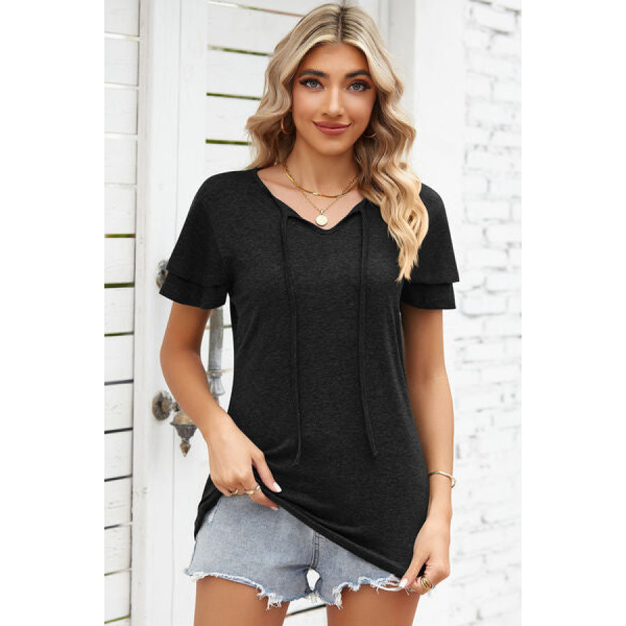 Tie Waist Flutter Sleeve Blouse Black / S Apparel and Accessories