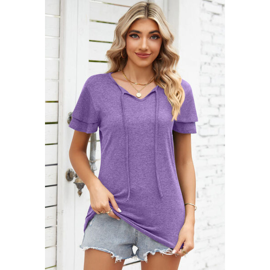 Tie Waist Flutter Sleeve Blouse Lavender / S Apparel and Accessories