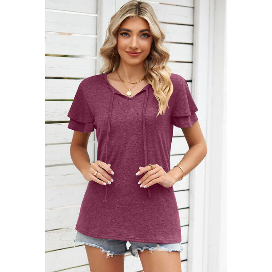 Tie Waist Flutter Sleeve Blouse Wine / S Apparel and Accessories