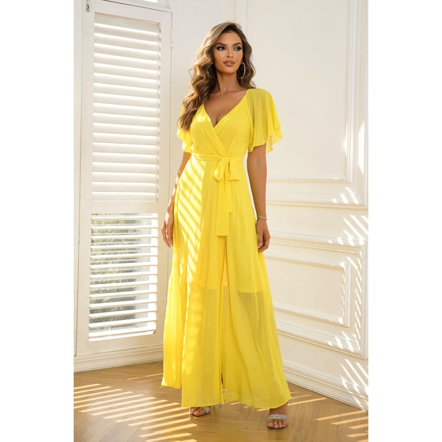 Tie Waist Flutter Sleeve Maxi Dress Lemon / XS