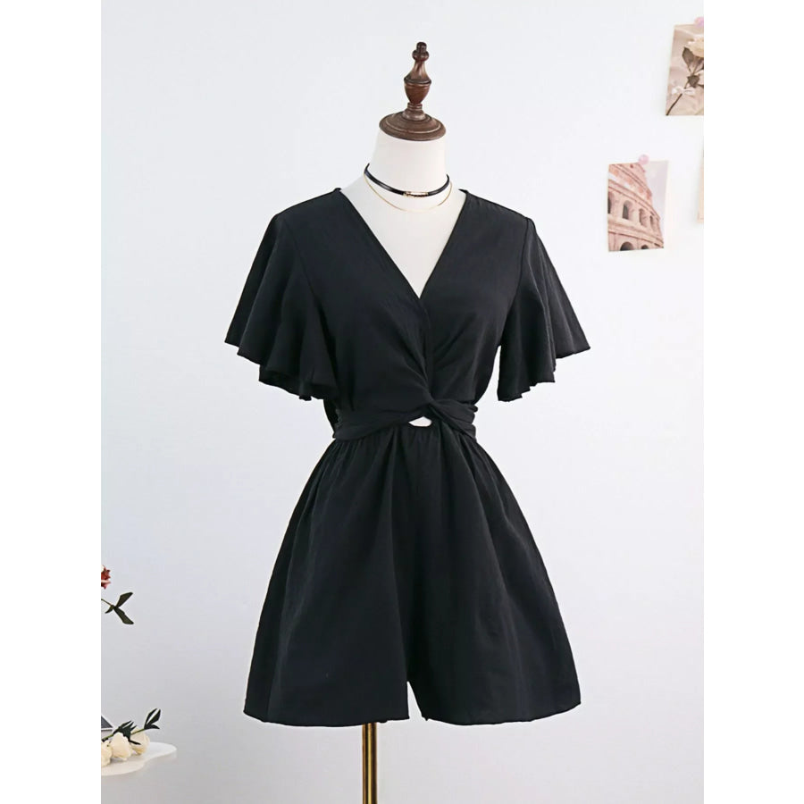 Tie Waist Flutter Sleeve Romper Black / S Apparel and Accessories