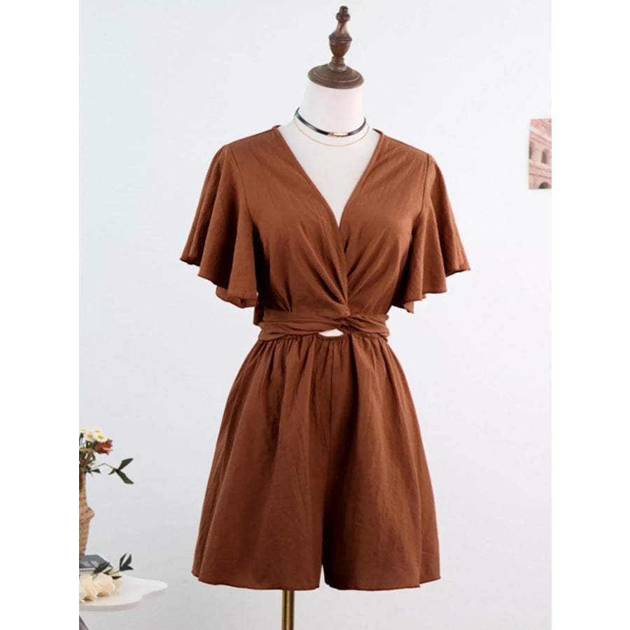 Tie Waist Flutter Sleeve Romper Dark Brown / XS Apparel and Accessories