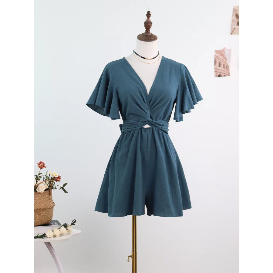 Tie Waist Flutter Sleeve Romper Haze Blue / S Apparel and Accessories