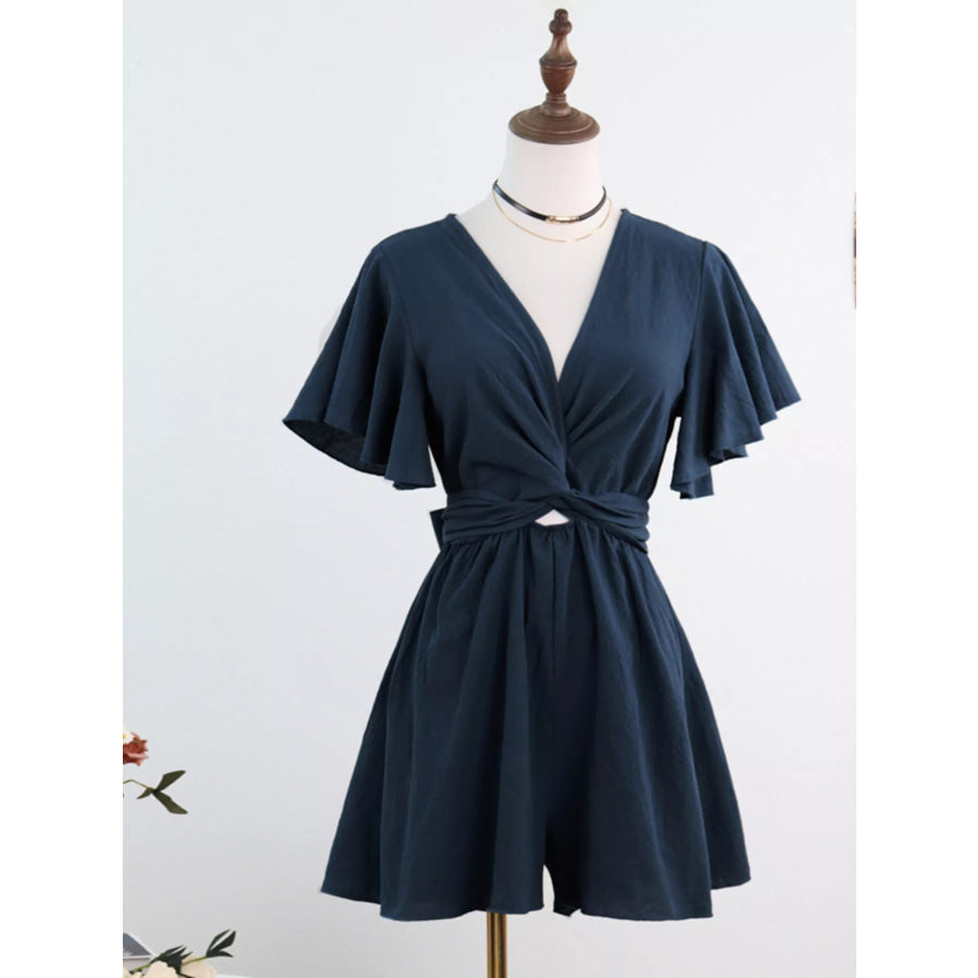 Tie Waist Flutter Sleeve Romper Navy Blue / XS Apparel and Accessories