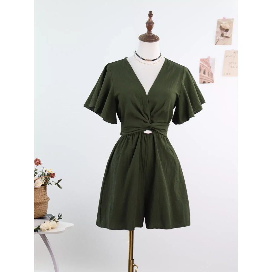 Tie Waist Flutter Sleeve Romper Olive Green / S Apparel and Accessories