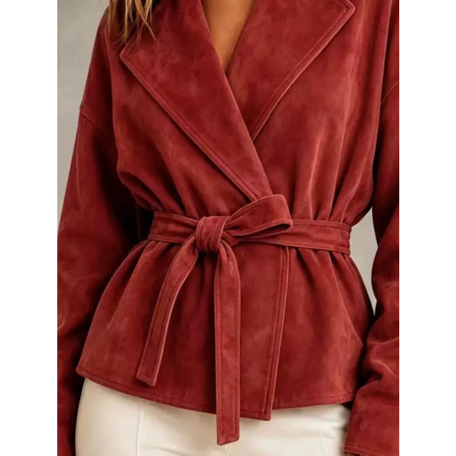 Tie-Waist Lapel Collar Jacket Apparel and Accessories