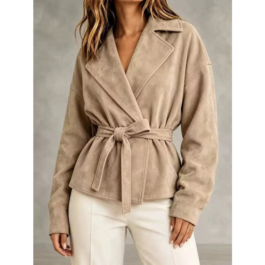 Tie-Waist Lapel Collar Jacket Apricot / S Apparel and Accessories