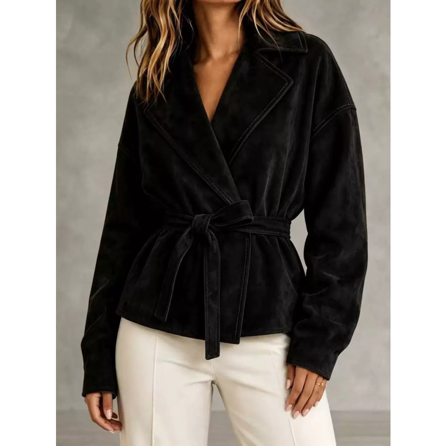 Tie-Waist Lapel Collar Jacket Black / S Apparel and Accessories