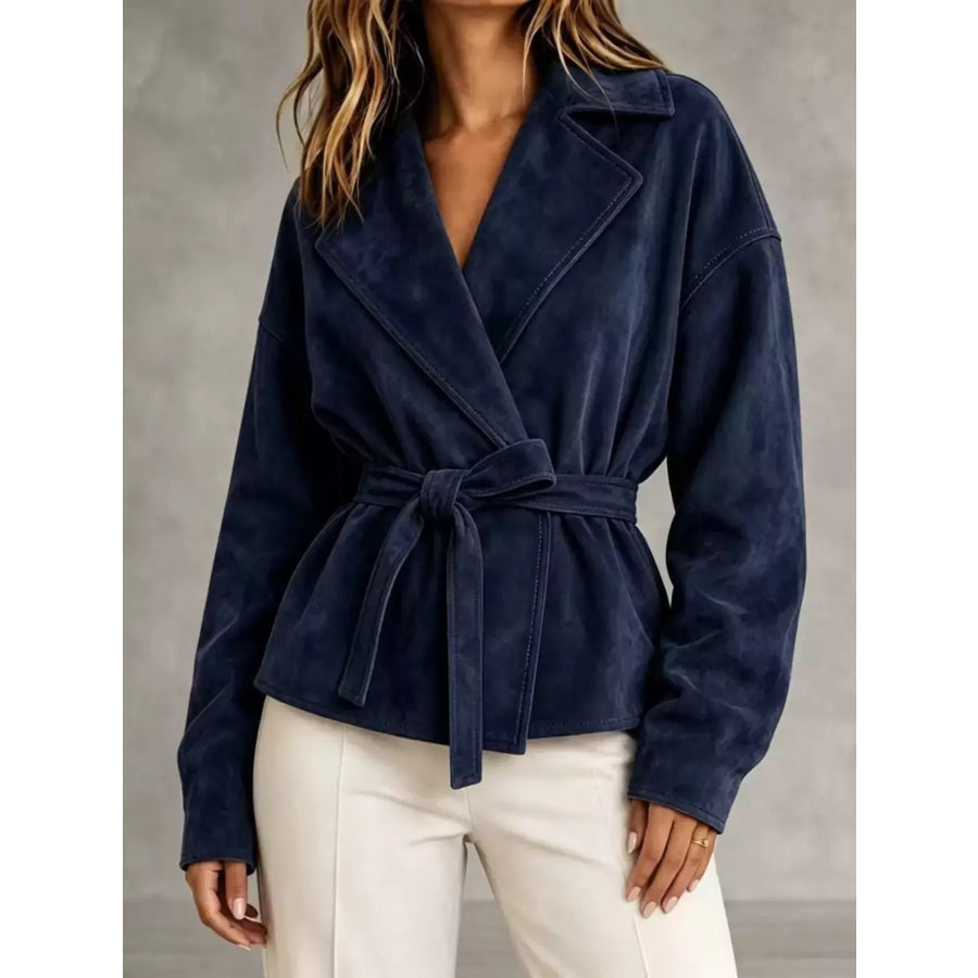 Tie-Waist Lapel Collar Jacket Blue / S Apparel and Accessories