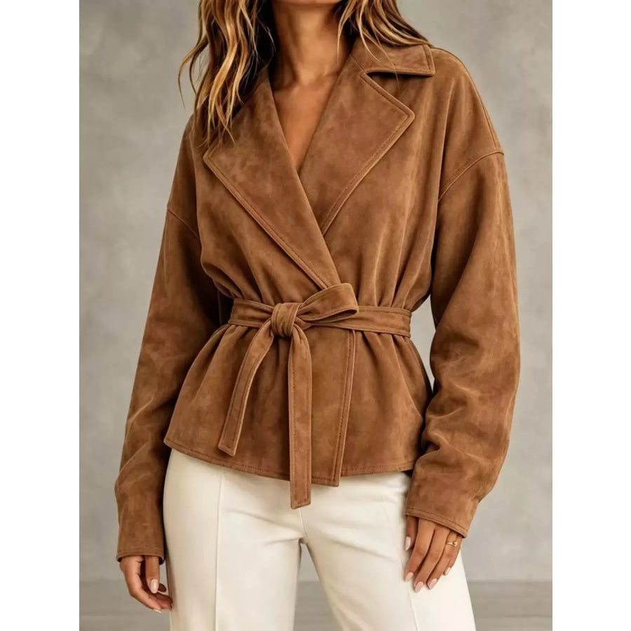 Tie-Waist Lapel Collar Jacket Camel / S Apparel and Accessories