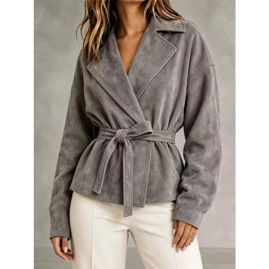 Tie-Waist Lapel Collar Jacket Gray / S Apparel and Accessories