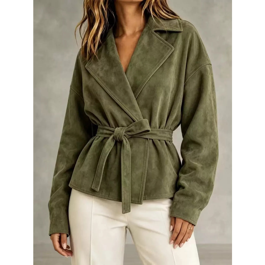 Tie-Waist Lapel Collar Jacket Green / S Apparel and Accessories