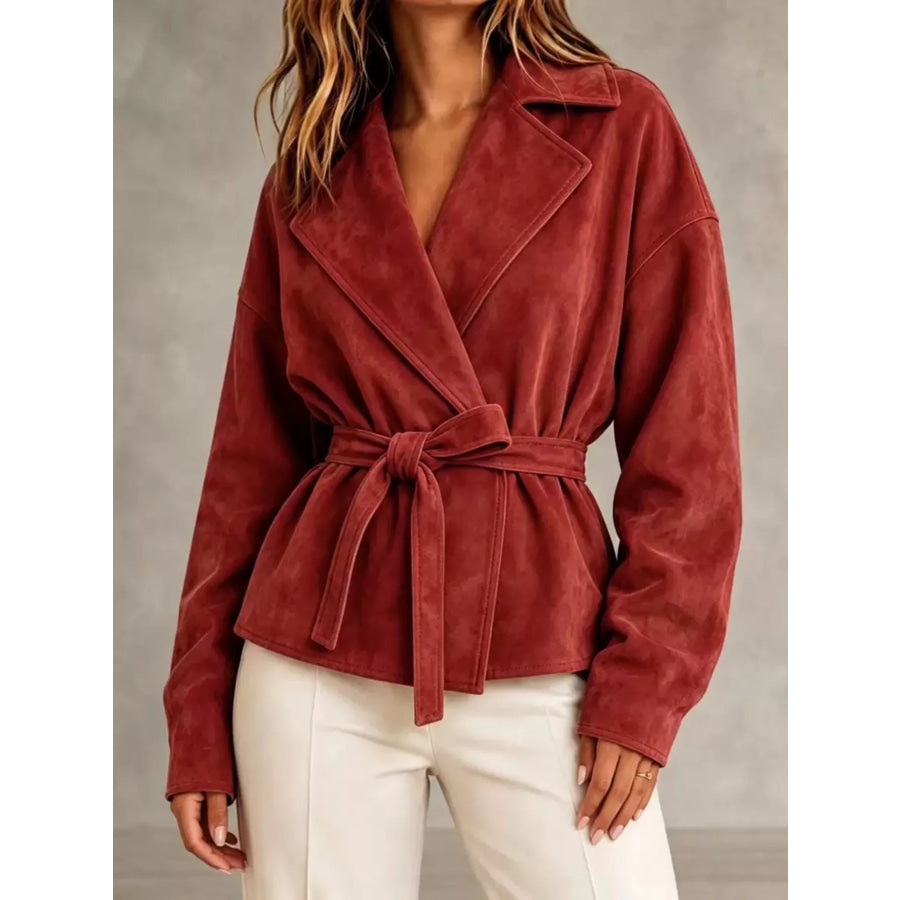 Tie-Waist Lapel Collar Jacket Red / S Apparel and Accessories