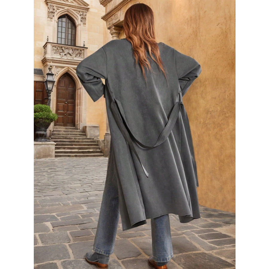 Tie Waist Long Sleeve Coat Dark Gray / M Apparel and Accessories