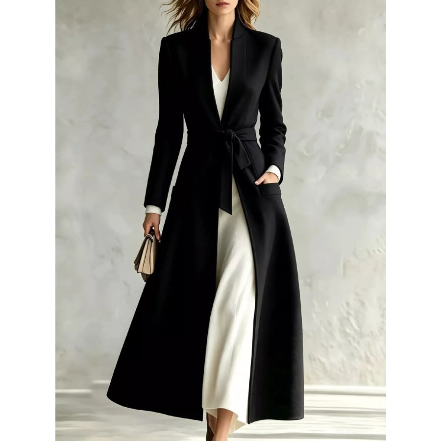 Tie Waist Long Sleeve Coat Black / S Apparel and Accessories