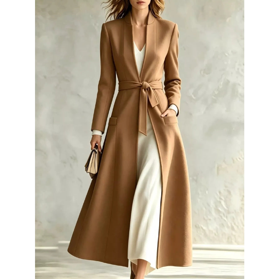 Tie Waist Long Sleeve Coat Khaki / S Apparel and Accessories