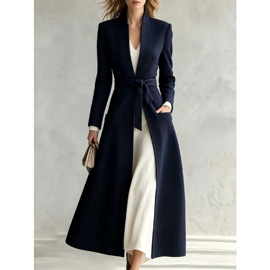 Tie Waist Long Sleeve Coat Navy / S Apparel and Accessories