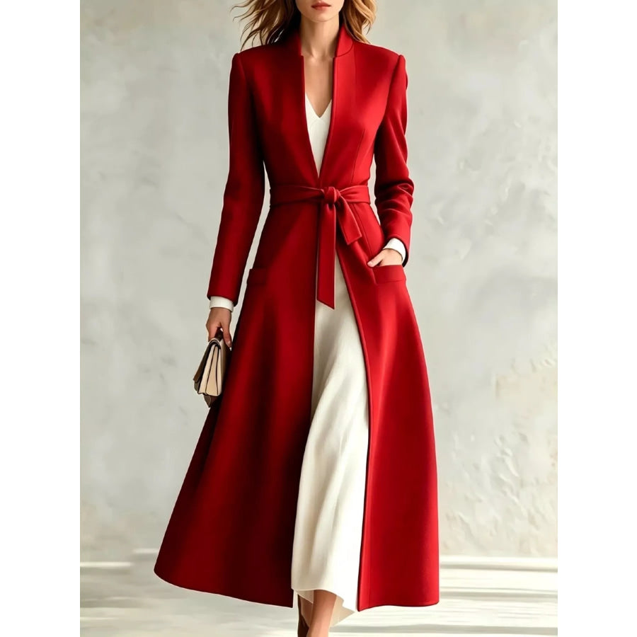 Tie Waist Long Sleeve Coat Red / S Apparel and Accessories