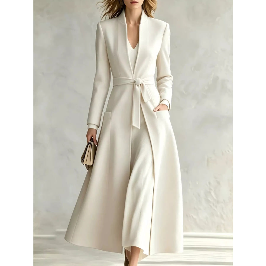 Tie Waist Long Sleeve Coat White / S Apparel and Accessories